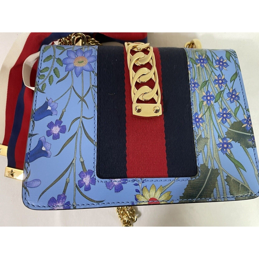 Gucci Sylvie Azure Blue Flora Chain Strap Leather Shoulder Bag #431666 L/N - Picture 9 of 14
